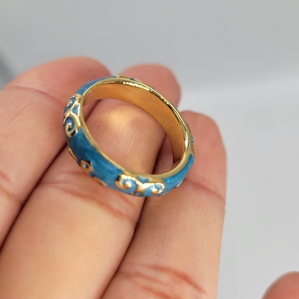 Lauren G Adams Moroccan Ring Hand Painted Light Blue Enamel Swirl Design Size 7 - Picture 3 of 10